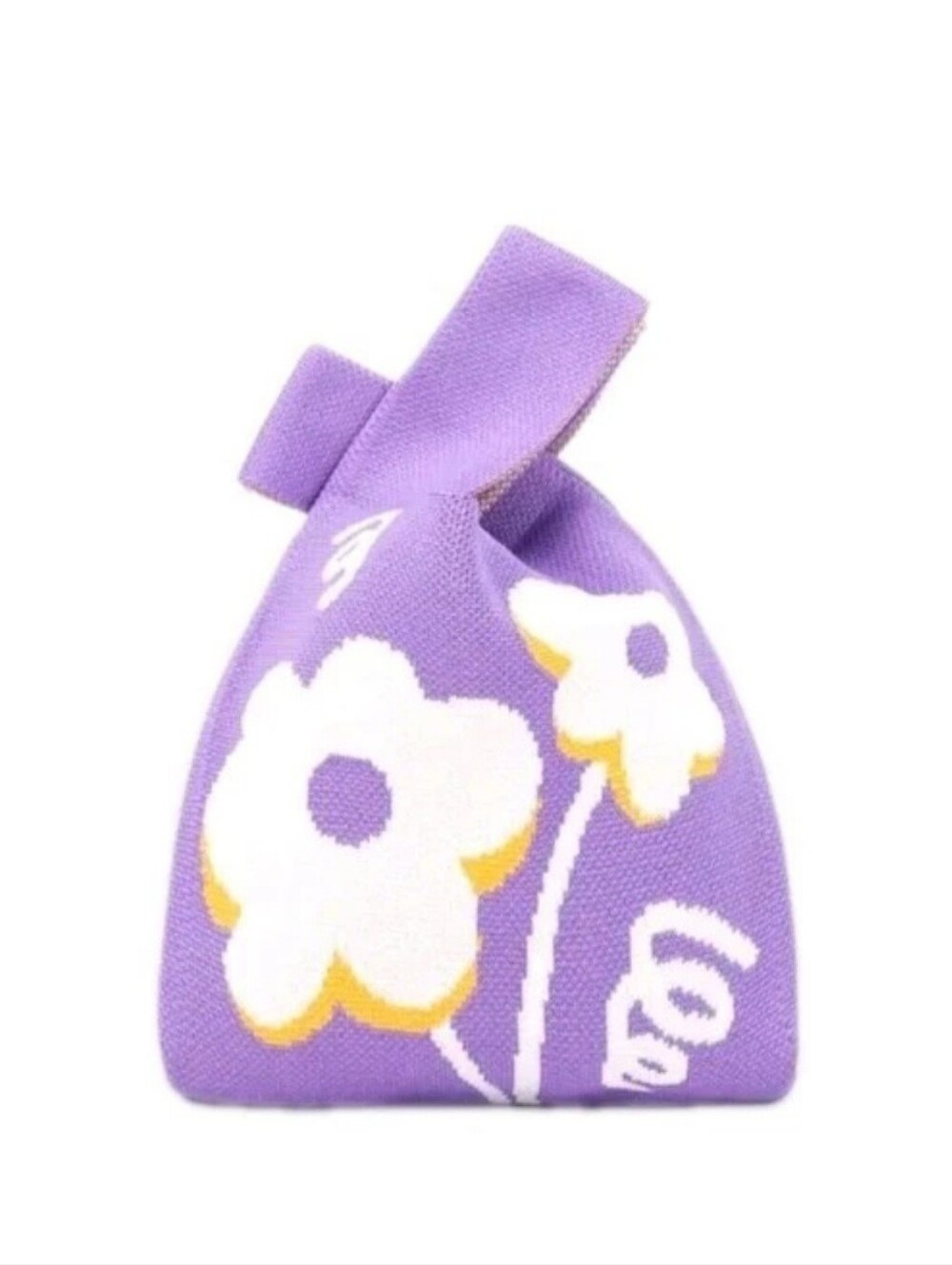 Purple Knit Knot Bag Mini Tote Wristlet Purple and White Floral